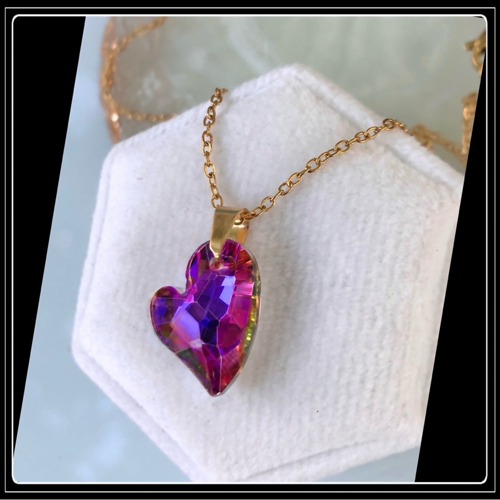 NEW GOLD STEEL CRYSTAL PRISM HEART PENDANT NECKLACE